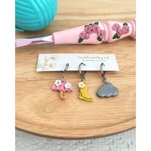 Rainy Day Polymer Clay Stitch Markers: Crochet Knitting Fiber Artist Gift